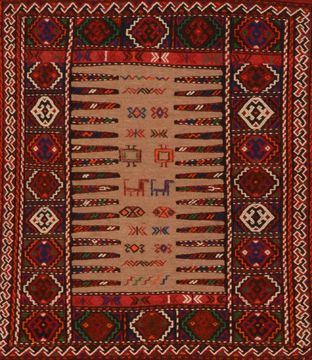 Kilim Red Square Flat Woven 3'6" X 4'4"  Area Rug 100-109924