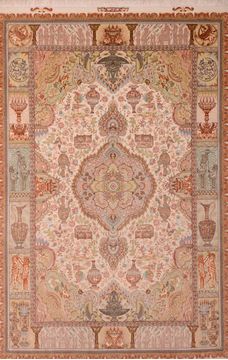 Persian Tabriz Beige Rectangle 7x10 ft wool and silk Carpet 109050