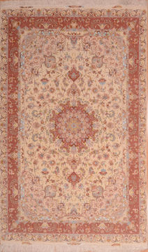 Persian Tabriz Beige Rectangle 7x10 ft wool and silk Carpet 109052