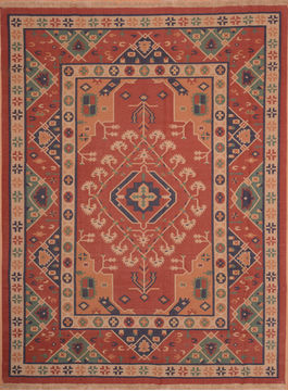 Indian Kilim Red Rectangle 9x12 ft Wool Carpet 109137
