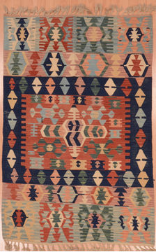 Turkish Kilim Red Rectangle 4x6 ft Wool Carpet 109326