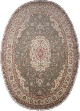 Persian Tabriz Green Oval 8x11 ft and Larger Wool and Silk Carpet 137006