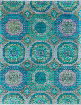 Afghan Chobi Green Rectangle 8x10 ft Wool and Silk Carpet 145033