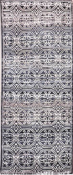 Indian Geometric Black Runner 6 ft and Smaller Wool and Raised Silk Carpet 147973