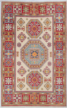 Afghan Kazak Beige Rectangle 4x6 ft Wool Carpet 148168