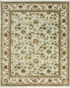 Indian Jaipur Green Rectangle 10x14 ft wool and silk Carpet 75476