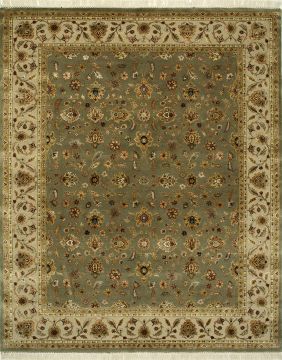 Indian Jaipur Green Rectangle 7x10 ft wool and silk Carpet 75697