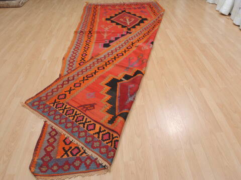 Kilim Red Runner Flat Woven 410 X 114  Area Rug 100-109455 Image 16