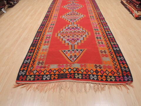 Kilim Red Runner Flat Woven 411 X 123  Area Rug 100-110278 Image 1