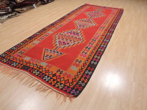 Kilim Red Runner Flat Woven 411 X 123  Area Rug 100-110278 Image 2