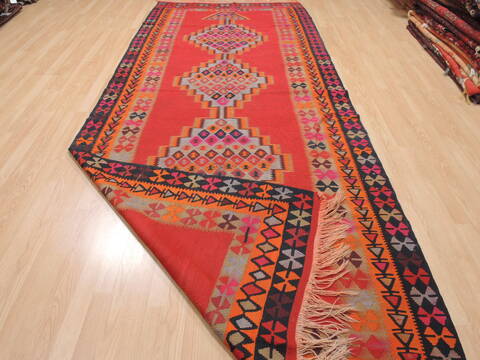 Kilim Red Runner Flat Woven 411 X 123  Area Rug 100-110278 Image 9