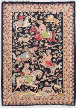 Pakistani Pak-Persian Black Rectangle 4x6 ft Wool and Silk Carpet 155801