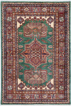 Afghan Kazak Green Rectangle 4x6 ft Wool Carpet 157714