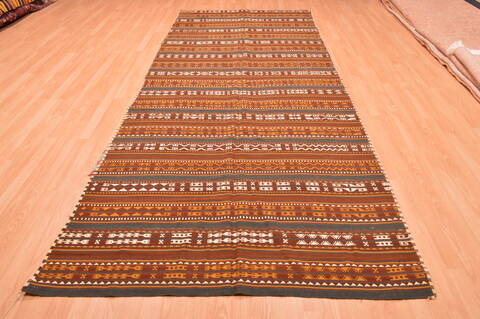 Kilim Brown Runner Flat Woven 410 X 120  Area Rug 100-76549 Image 1